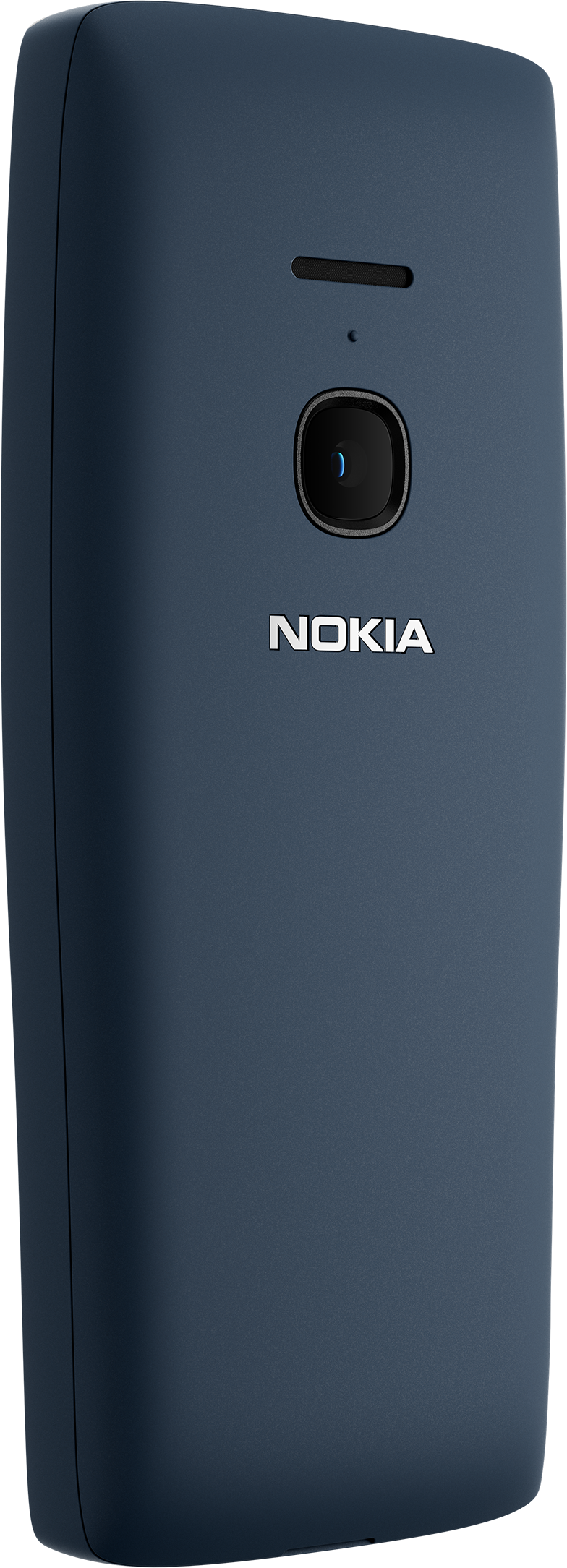 Blaues Nokia-Telefon, aufrechte Ansicht. Schwarzer Bildschirm und Knopf. Nokia-Logo sichtbar.