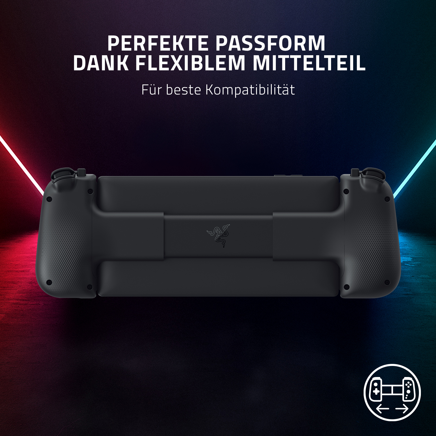 Schwarzer Gamecontroller mit Text, beleuchtet von blauen und roten Lichtern. Razer-Logo sichtbar.