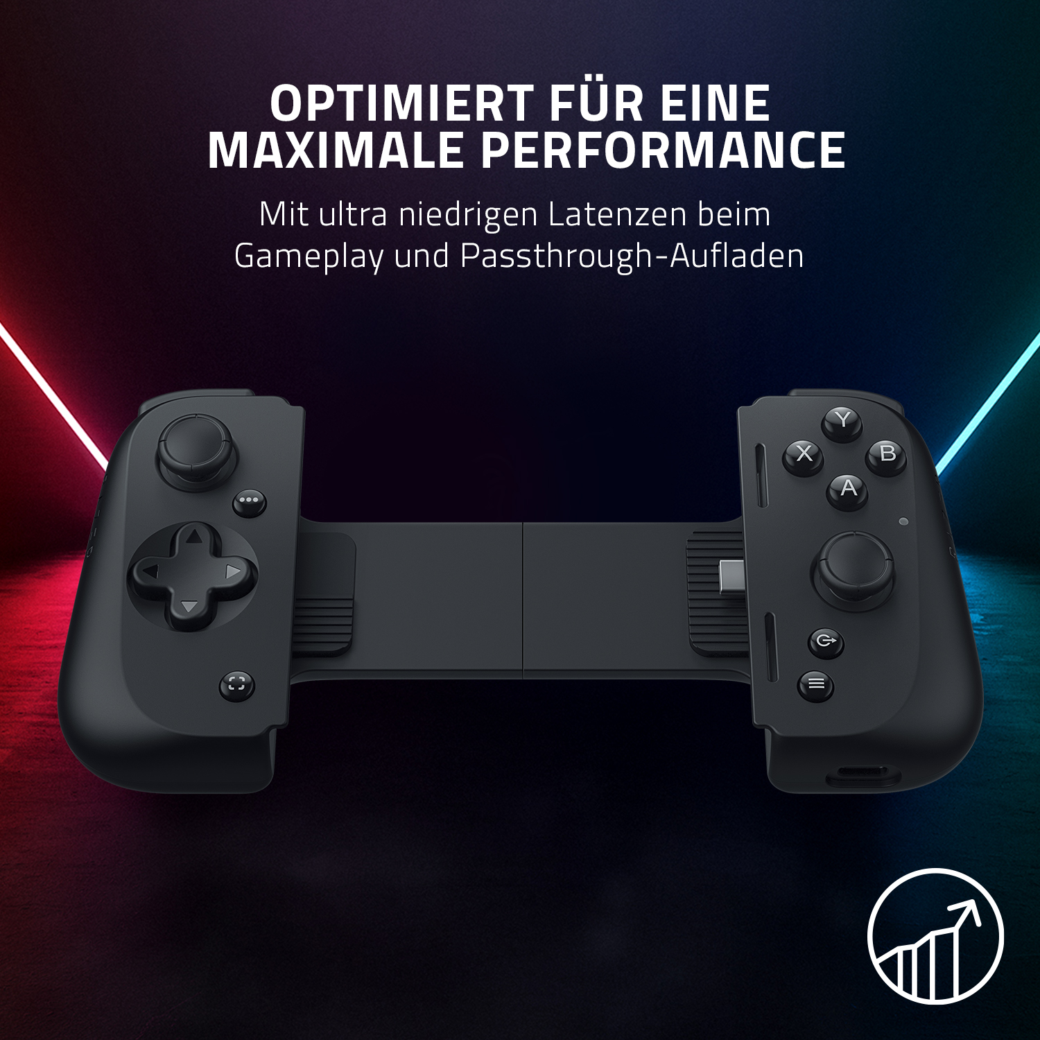 Schwarzer Gaming-Controller mit Knöpfen und Joystick. Optimiert für maximale Leistung.