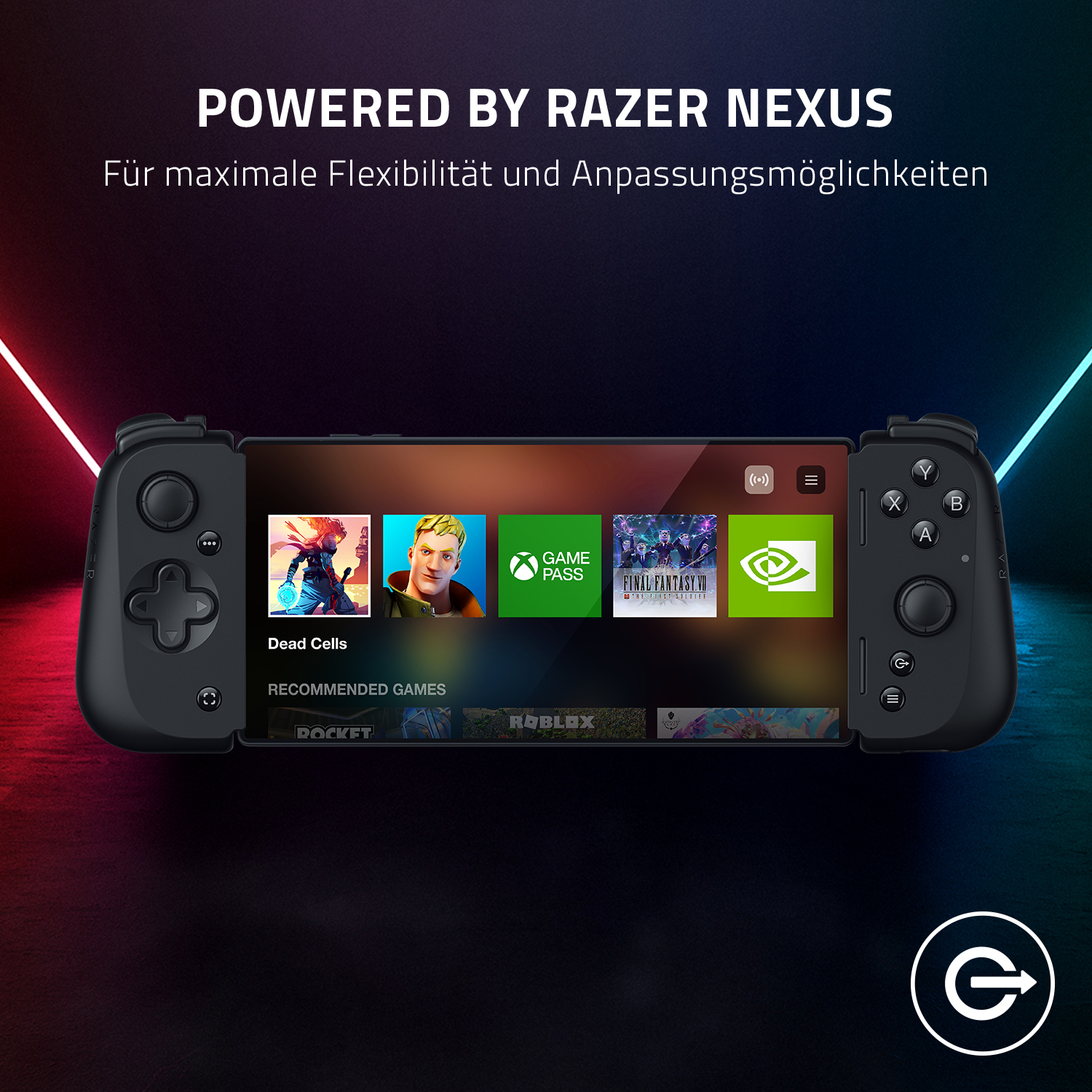 Schwarzer Gamecontroller mit Bildschirm, der Spieloberflächen anzeigt. Text: Powered by Razer Nexus.