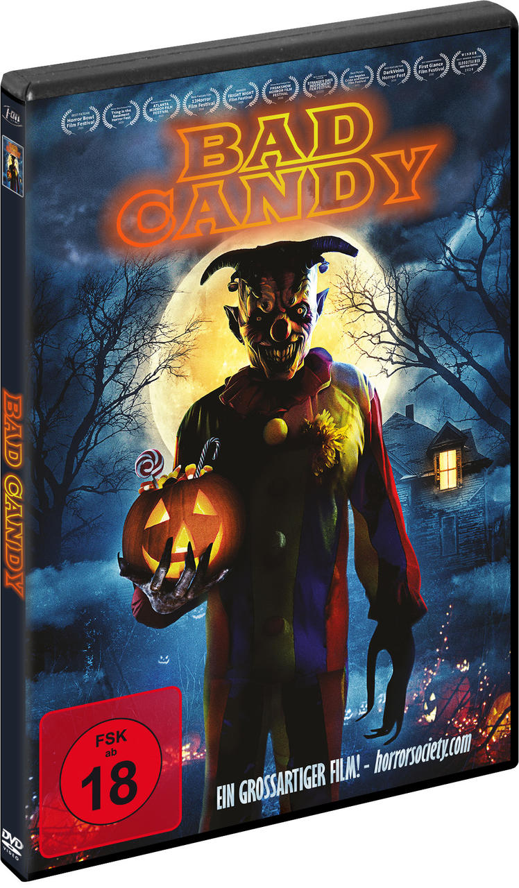 DVD-Hülle von 'Bad Candy', einem Horrorfilm. Das Cover zeigt einen Clown mit Kürbis und Mond.