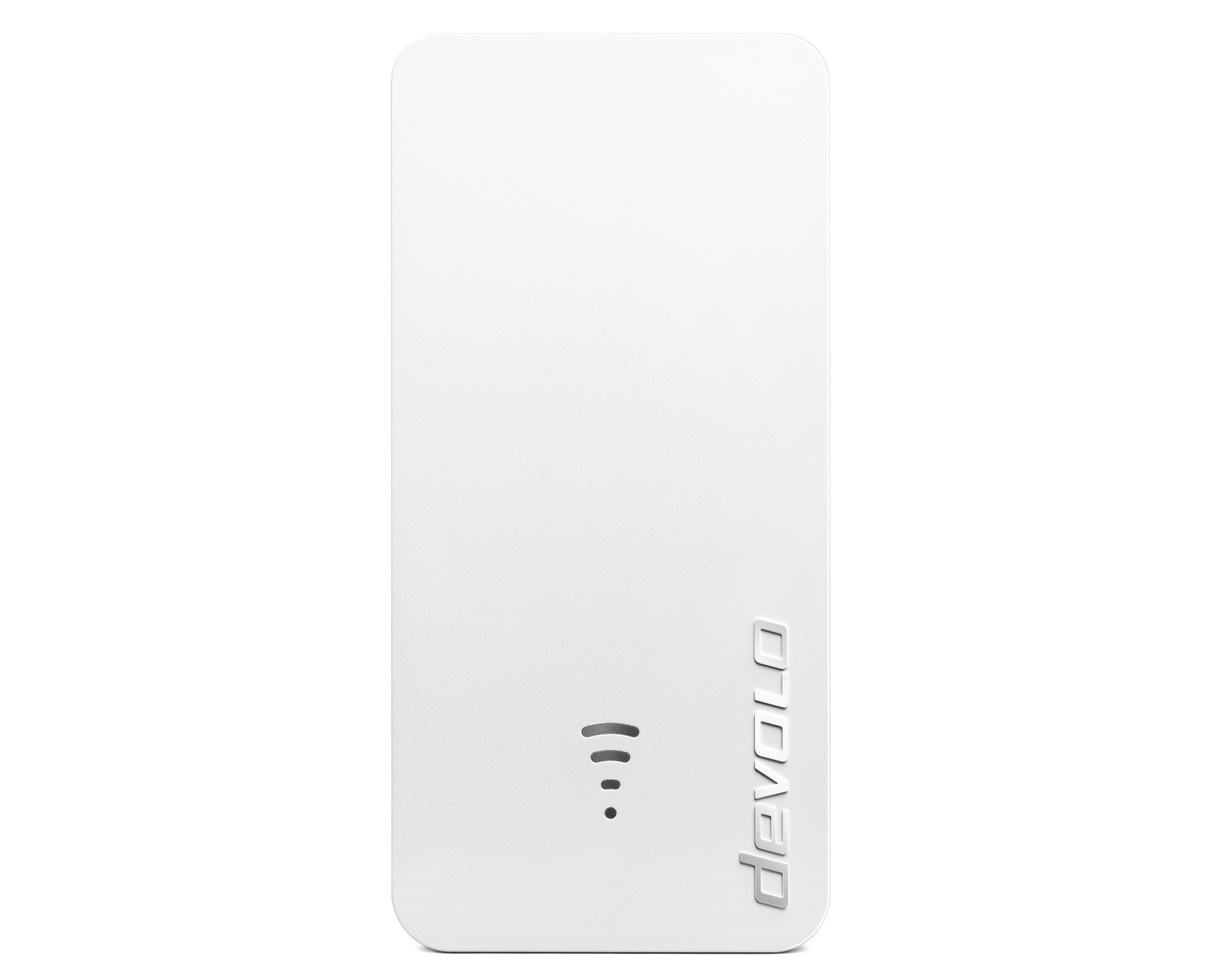 Ein weißer devolo WiFi-Extender. Er hat das devolo-Logo und drei Punkte, die das WiFi-Signal anzeigen.