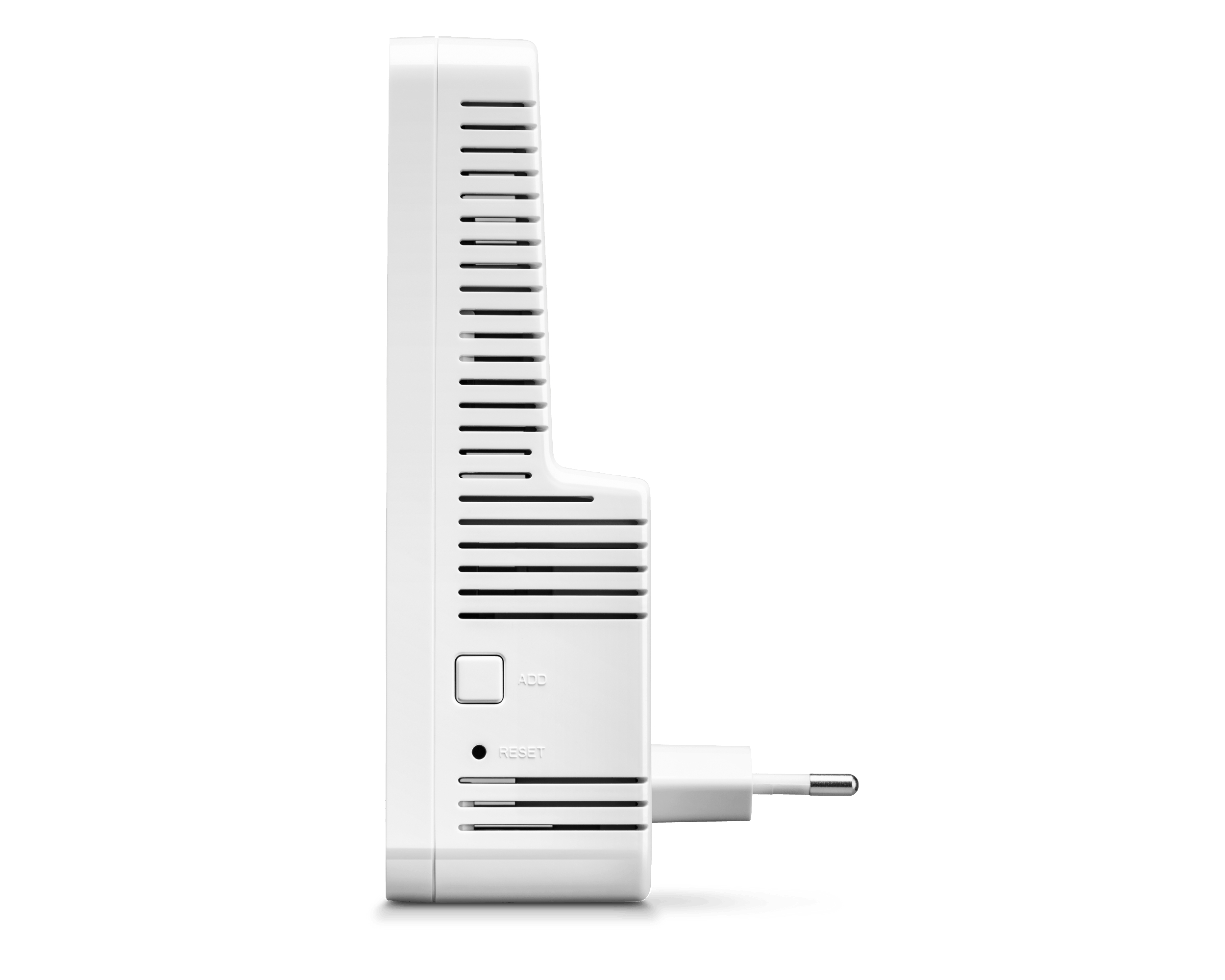 Weißes, vertikales Gerät mit Linien, einer Reset-Taste und einem Stecker.