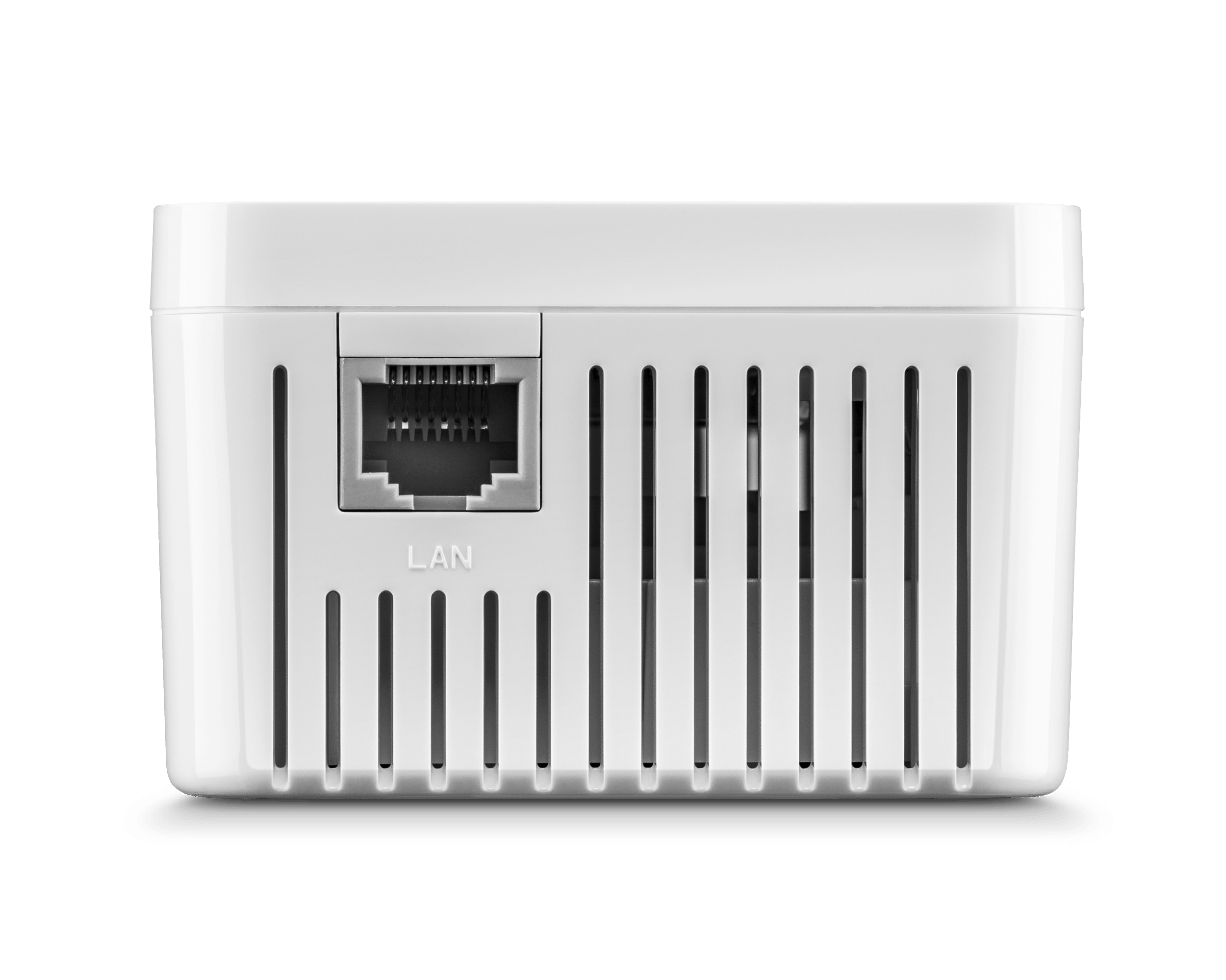 Rückseite eines weißen Routers. Ethernet-Anschluss mit der Bezeichnung 'LAN' mit Lüftungsschlitzen.