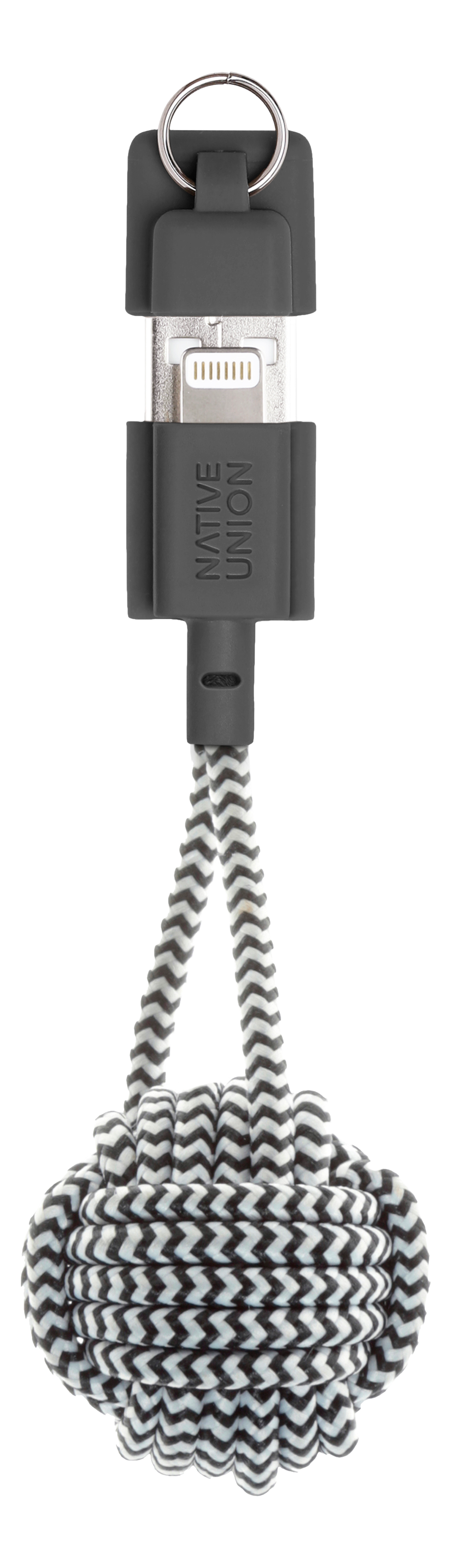 Schwarz-weiß gestreiftes Kabel mit Lightning-Anschluss und schwarzem kugelförmigen Ende.