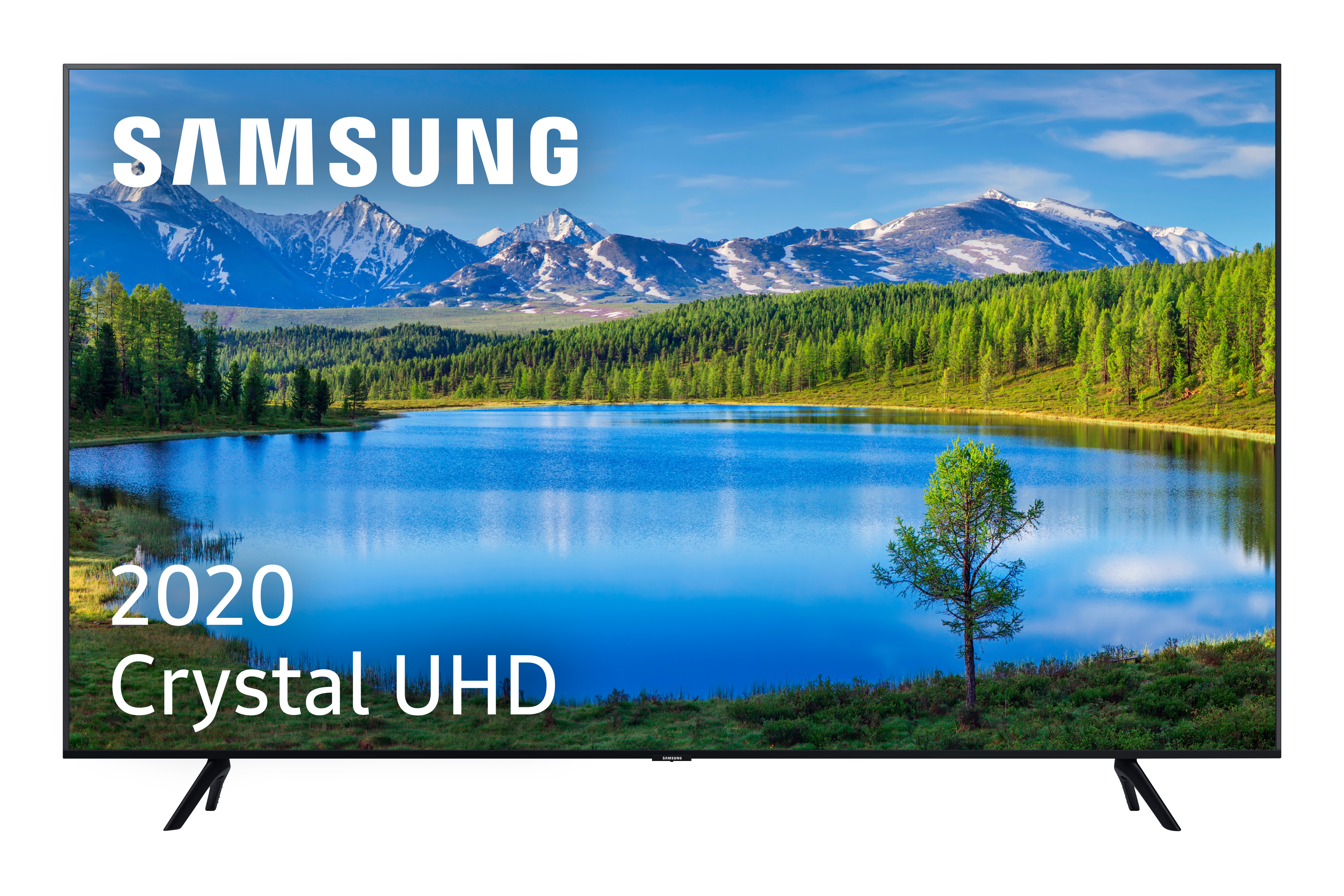 Un televisor Samsung Crystal UHD muestra una escena de lago con montañas y árboles. El texto dice SAMSUNG y 2020.