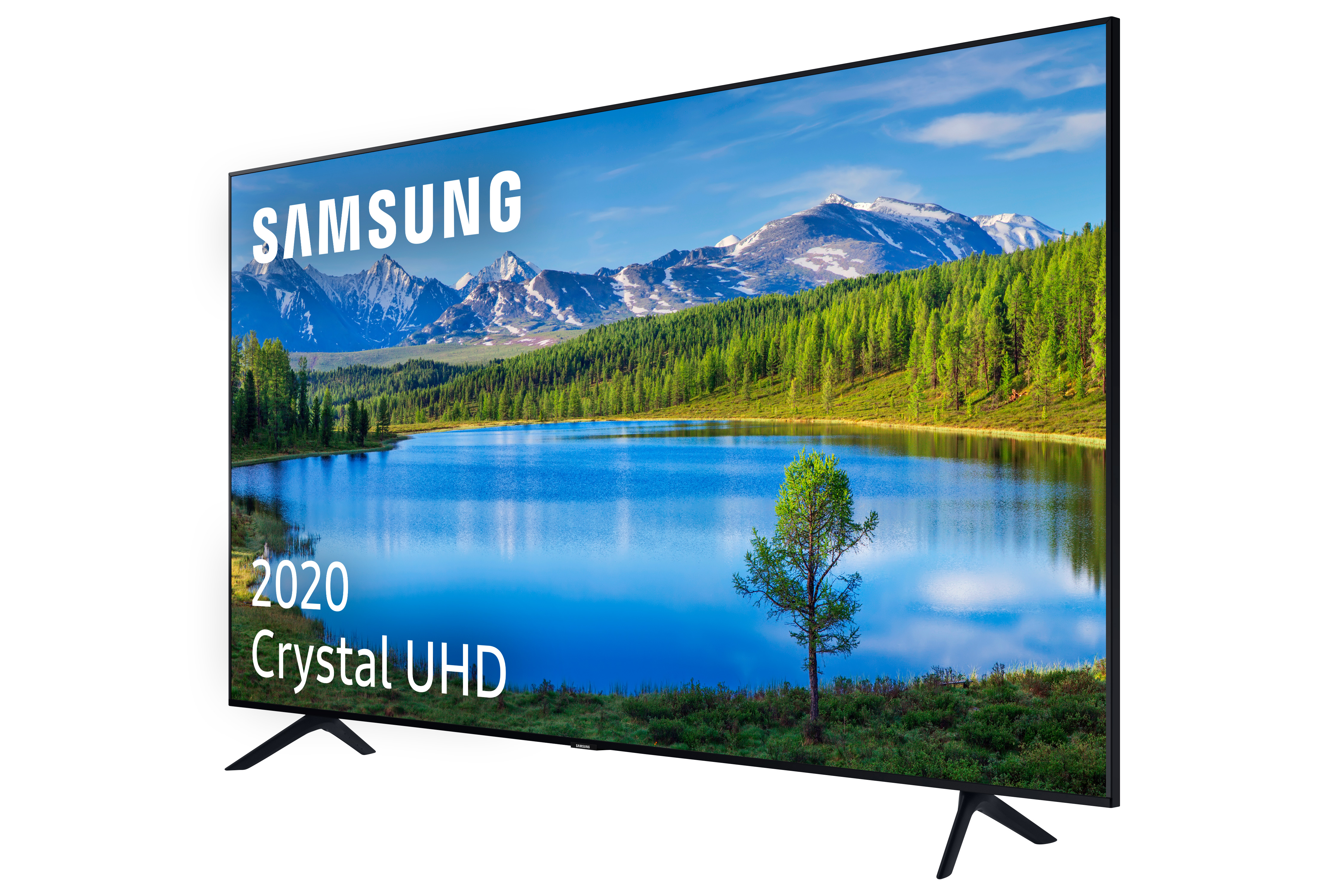 TV Samsung mostrando paisaje con lago, montañas y árboles. Fondo blanco.