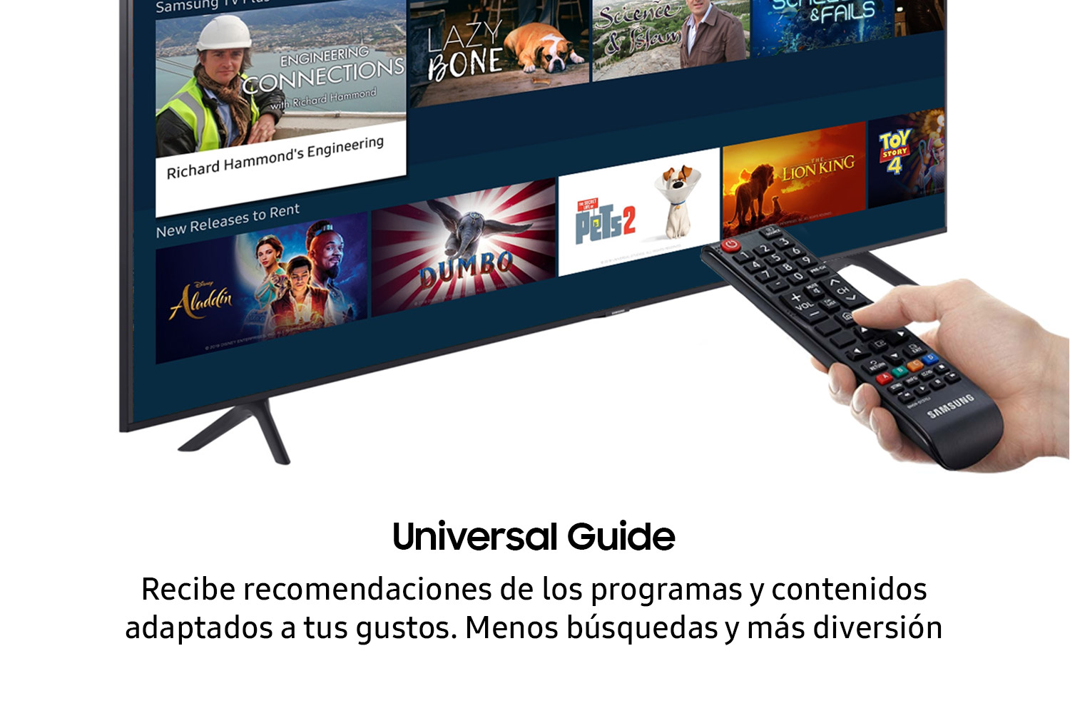 Una mano sosteniendo un mando a distancia Samsung, apuntando a una pantalla de TV con sugerencias de películas.
