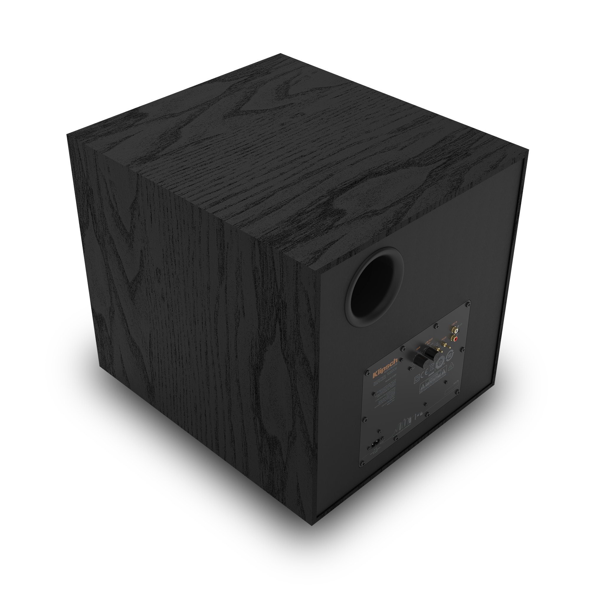 Schwarzer Subwoofer mit Anschluss und Bedienfeld auf der Rückseite.