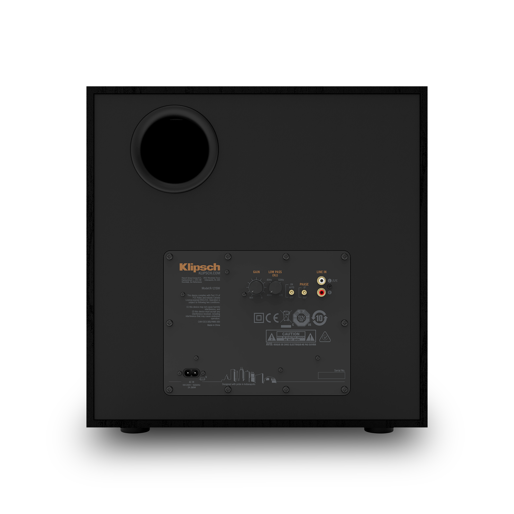 Schwarzer Subwoofer mit Klipsch-Label und technischen Details.
