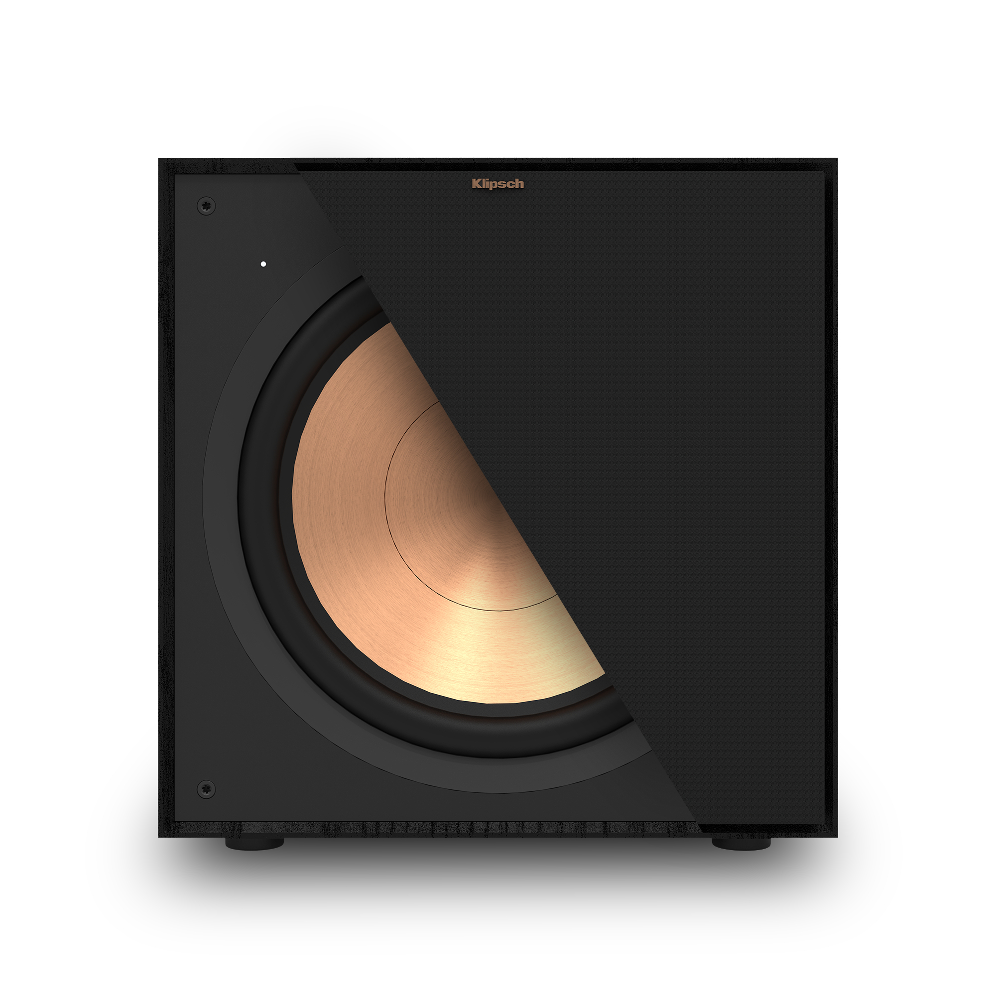 Schwarzer Klipsch-Subwoofer mit teilweise sichtbarem kupferfarbenen Lautsprecherkonus.