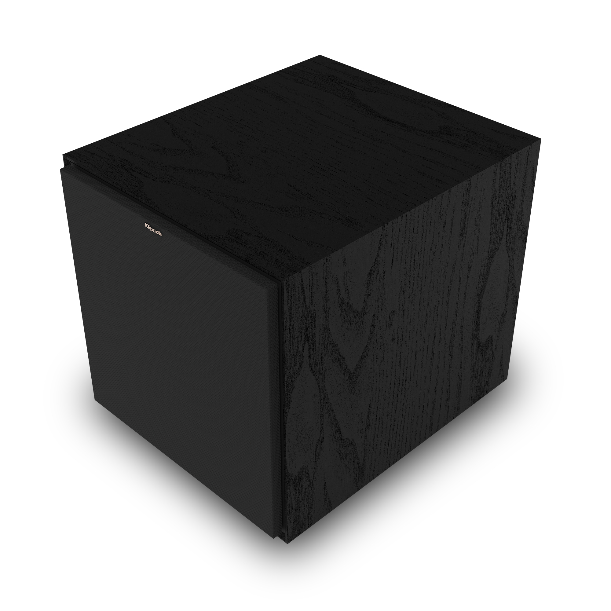 Schwarzer Klipsch-Subwoofer. Quadratische Form, Holzmaserung und Logo.