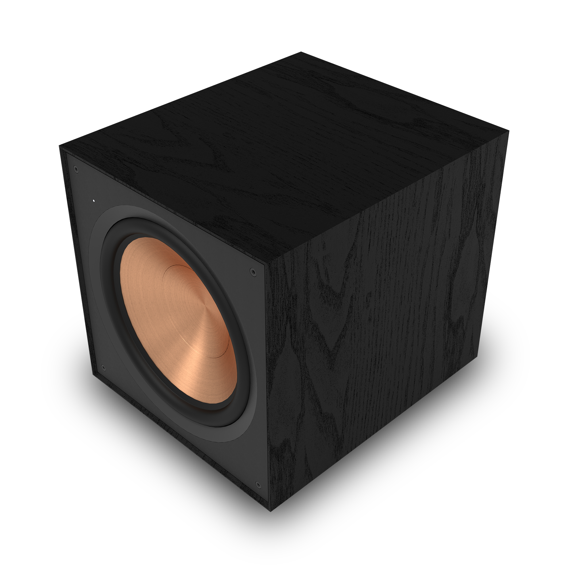 Schwarzer Subwoofer mit kupferfarbenem Lautsprecher. Schwarze Holzquaderform.