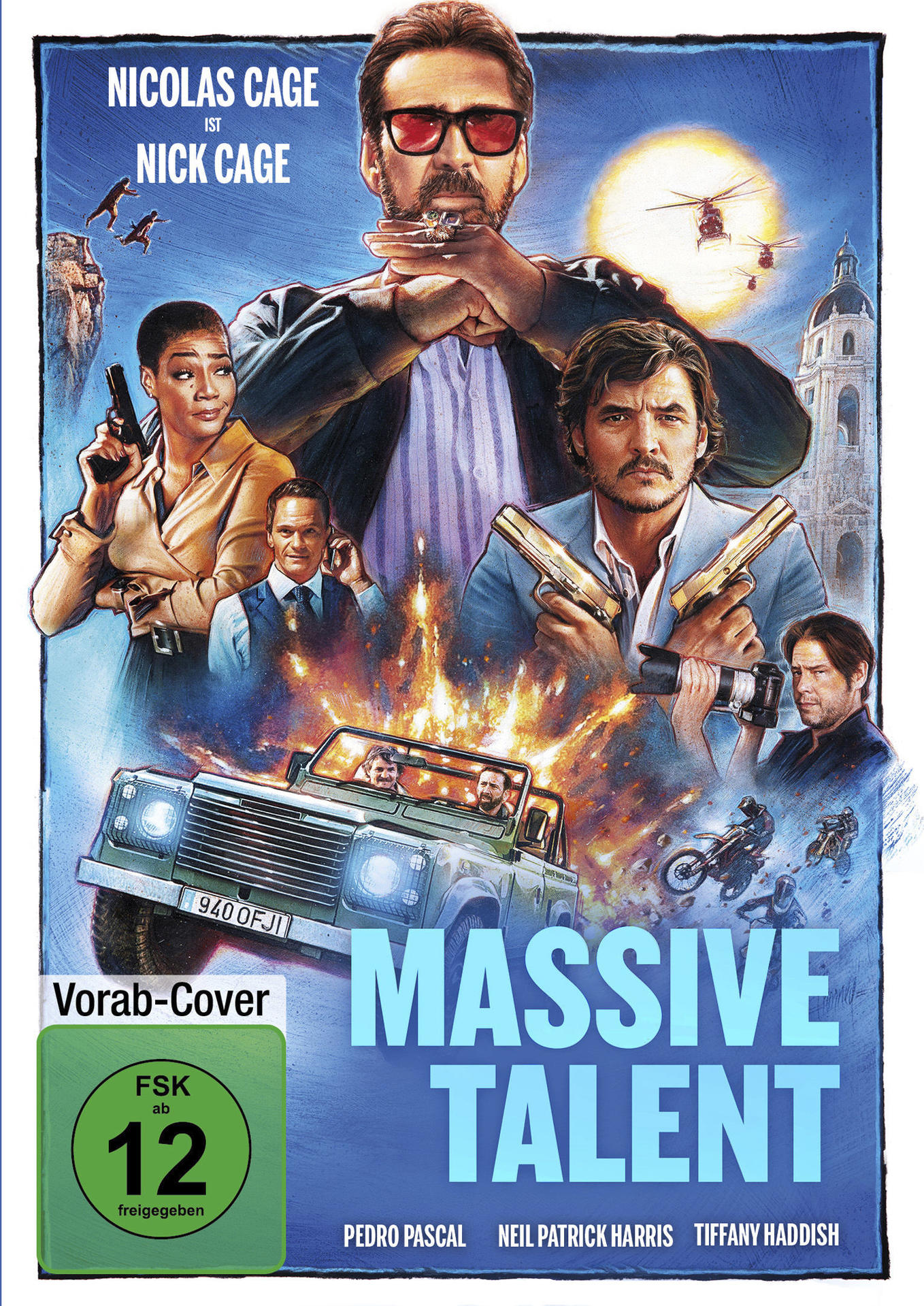 Filmcover: Massive Talent. Nicolas Cage, Pedro Pascal und andere. Hubschrauber, Waffen und Autos.