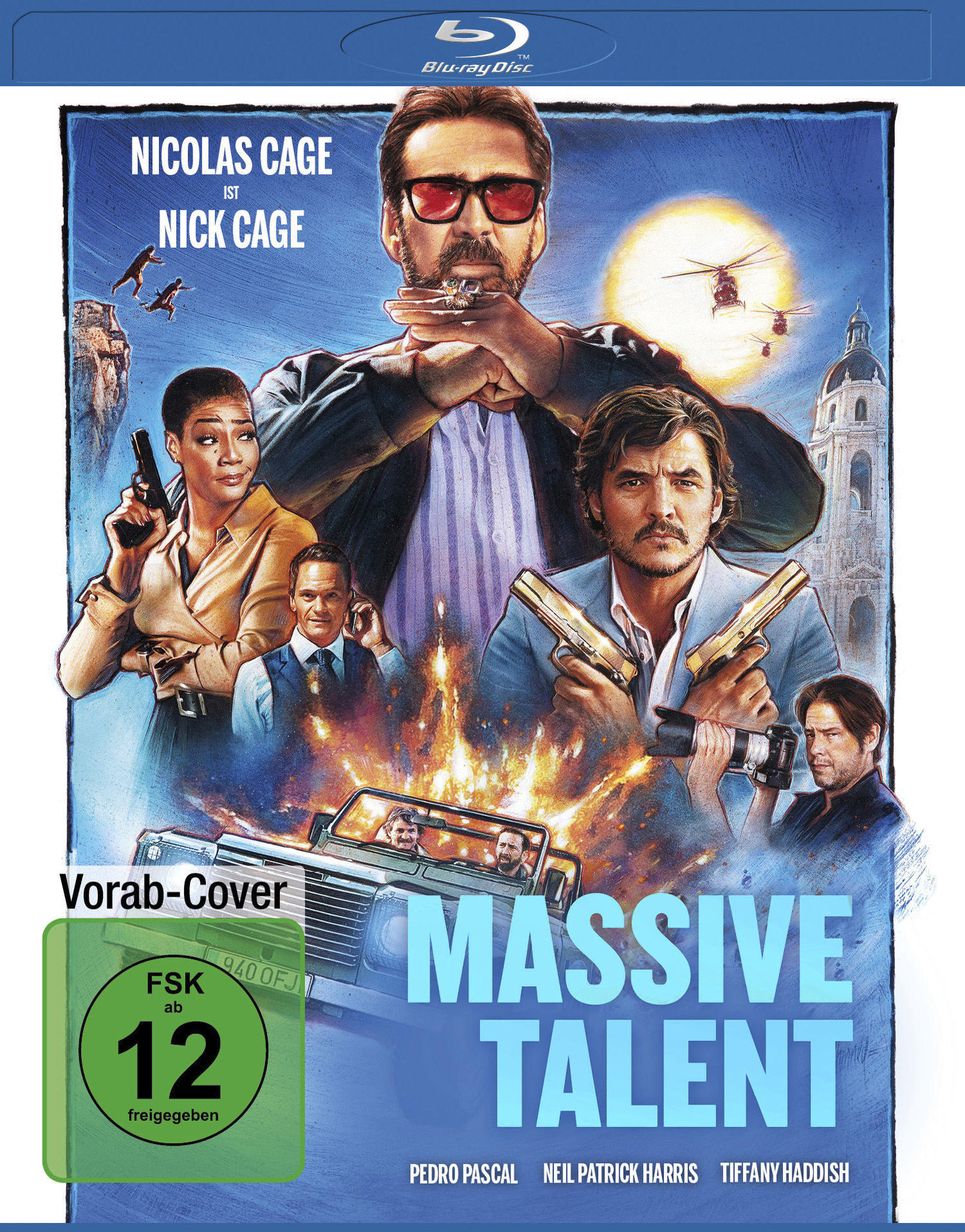Filmcover mit Nicolas Cage, Pedro Pascal und anderen. Der Titel lautet MASSIVE TALENT.