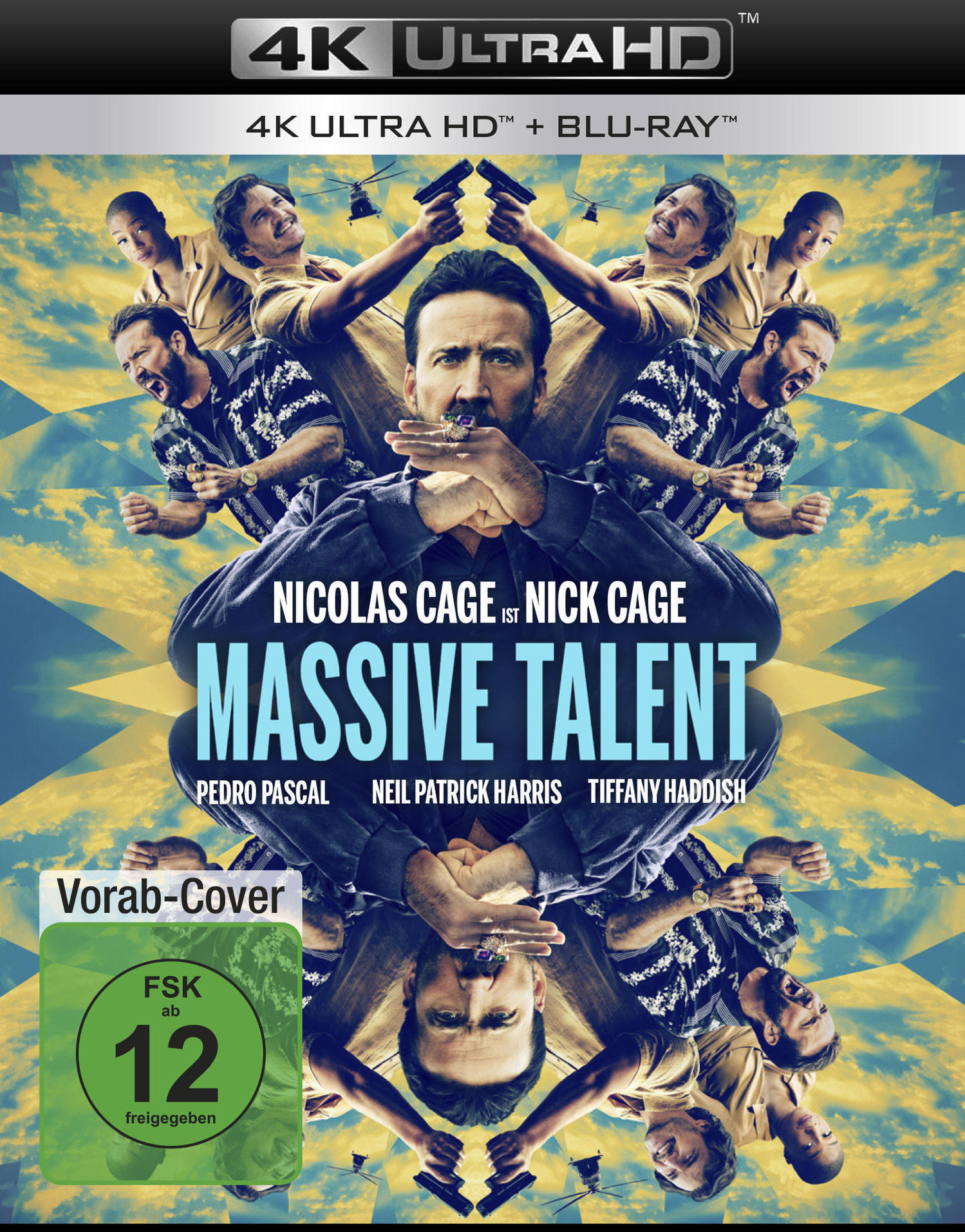 Massive Talent 4K Ultra HD-Cover. Nicolas Cage steht im Mittelpunkt des Bildes.