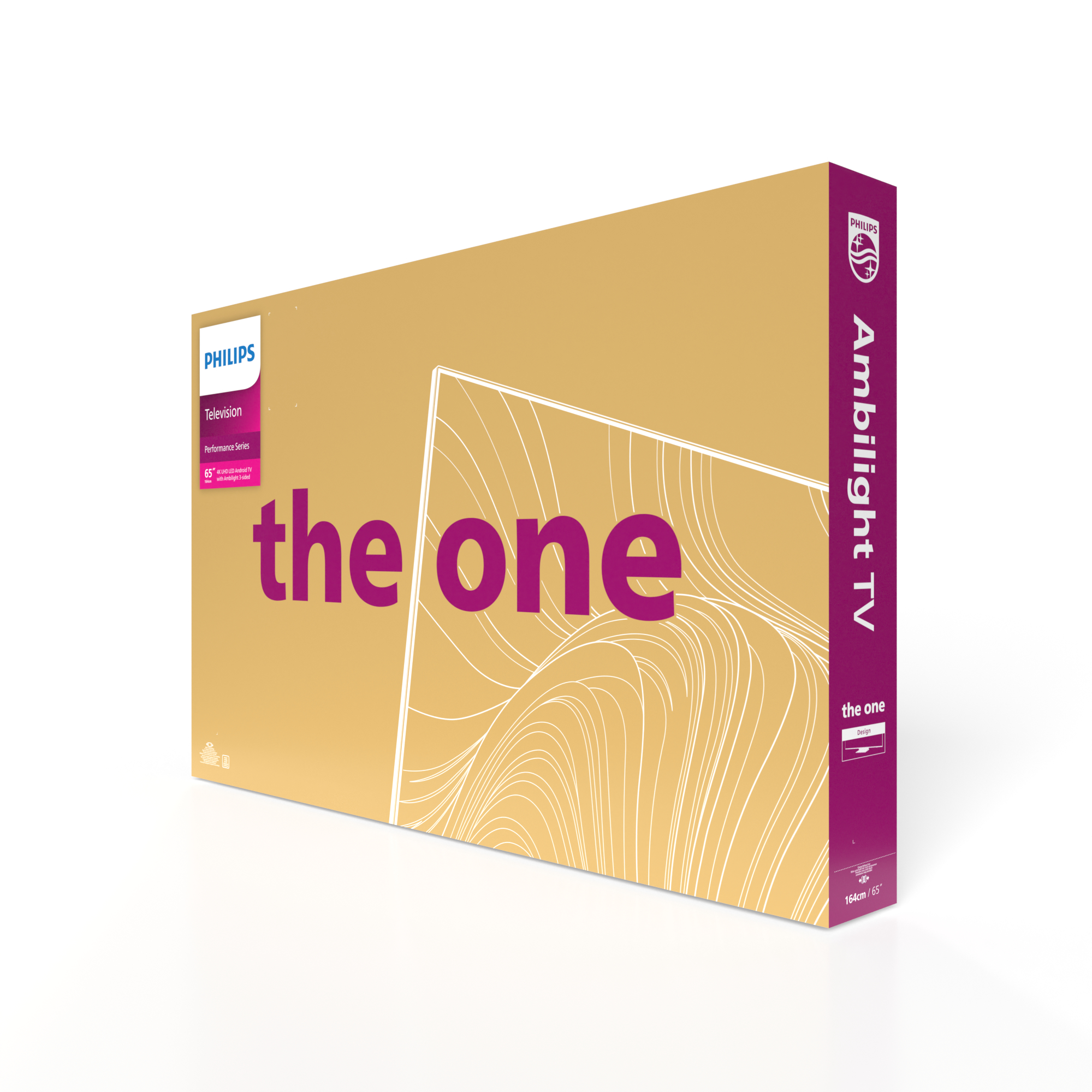 Schachtel eines Philips-Fernsehers, the one, Gold und Weiß. Text: 'the one'. Ambilight TV.