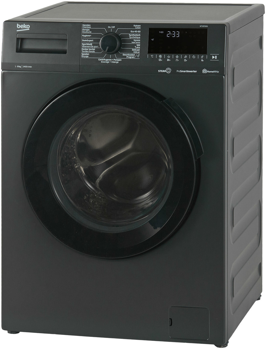 Zwarte Beko wasmachine. Ronde deur, bedieningspaneel bovenop. Witte achtergrond. Schuine weergave.