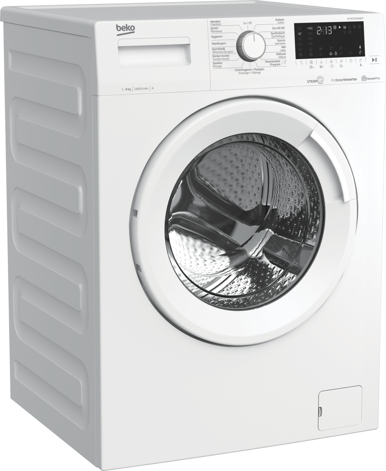 Witte Beko wasmachine met ronde deur en bedieningspaneel.