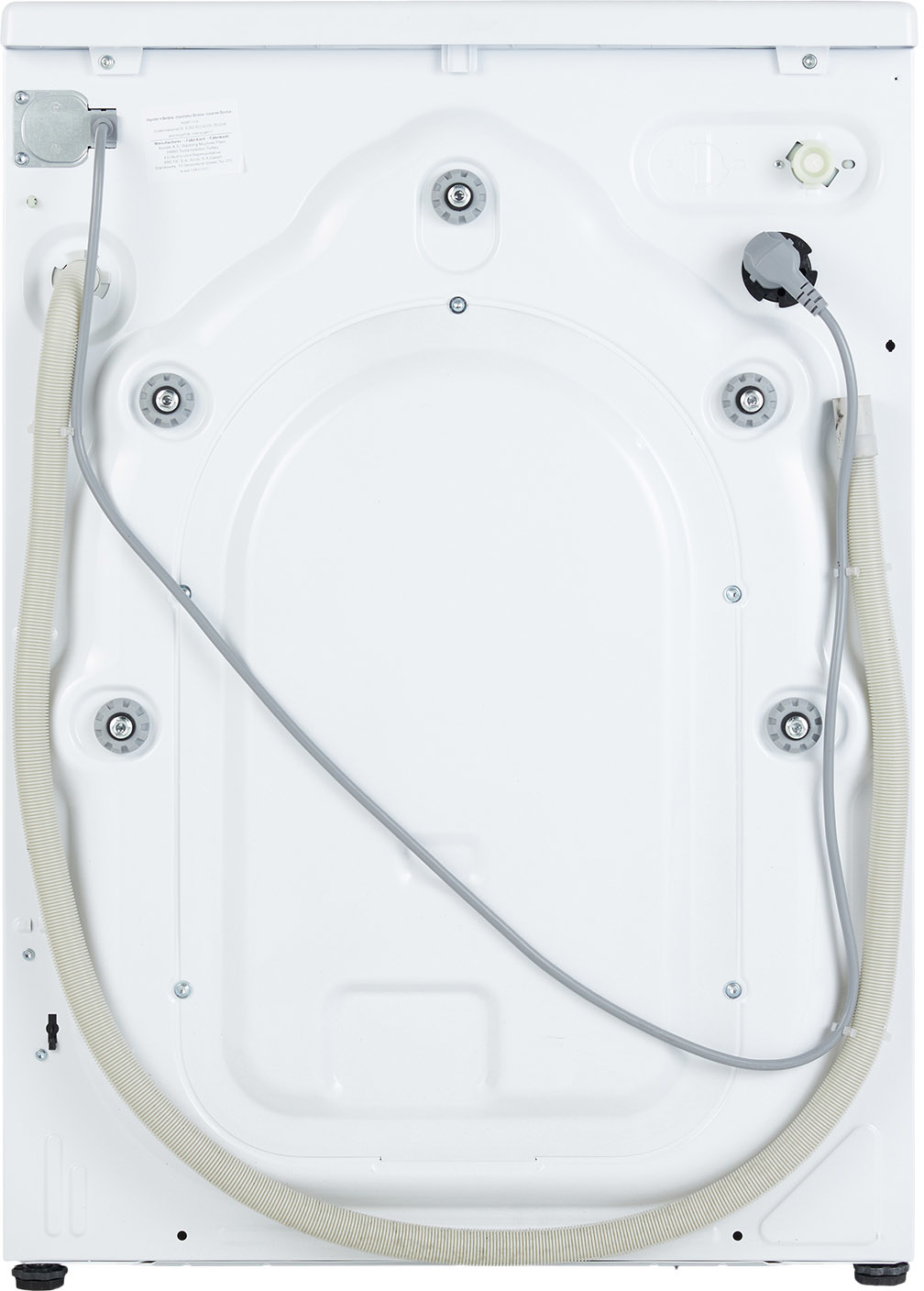 Achterkant van een witte wasmachine. Er zijn meerdere schroeven, slangen en een netsnoer.