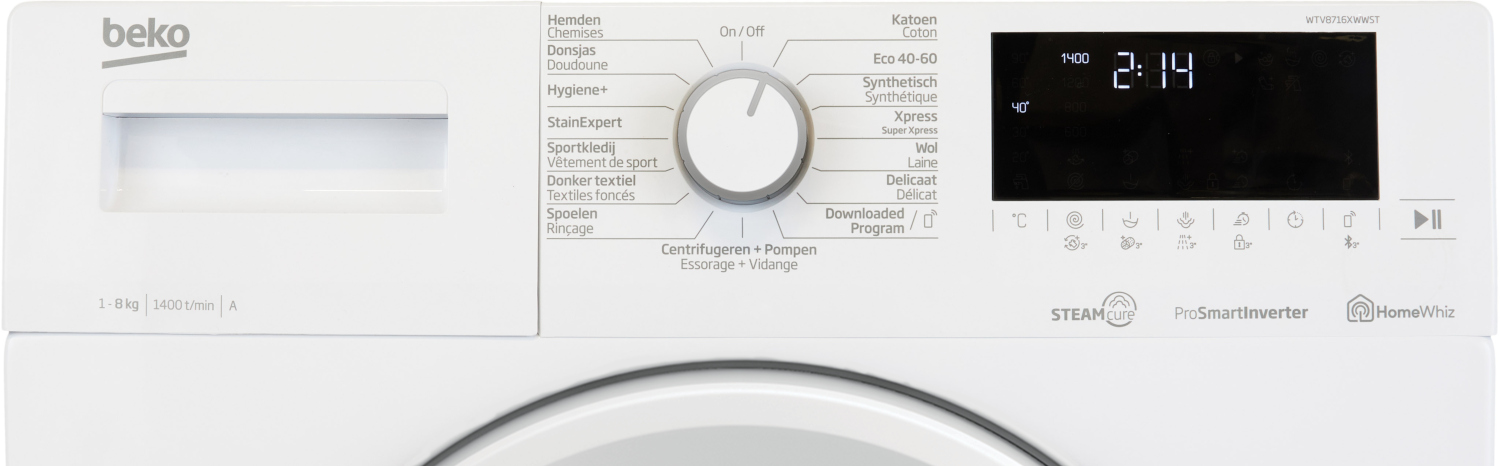 Close-up van een bedieningspaneel van een wasmachine met draaiknop en digitaal display.