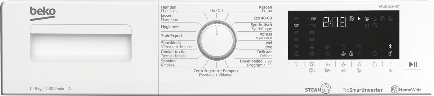 Een wit bedieningspaneel van een wasmachine met knoppen, een draaiknop en een display.