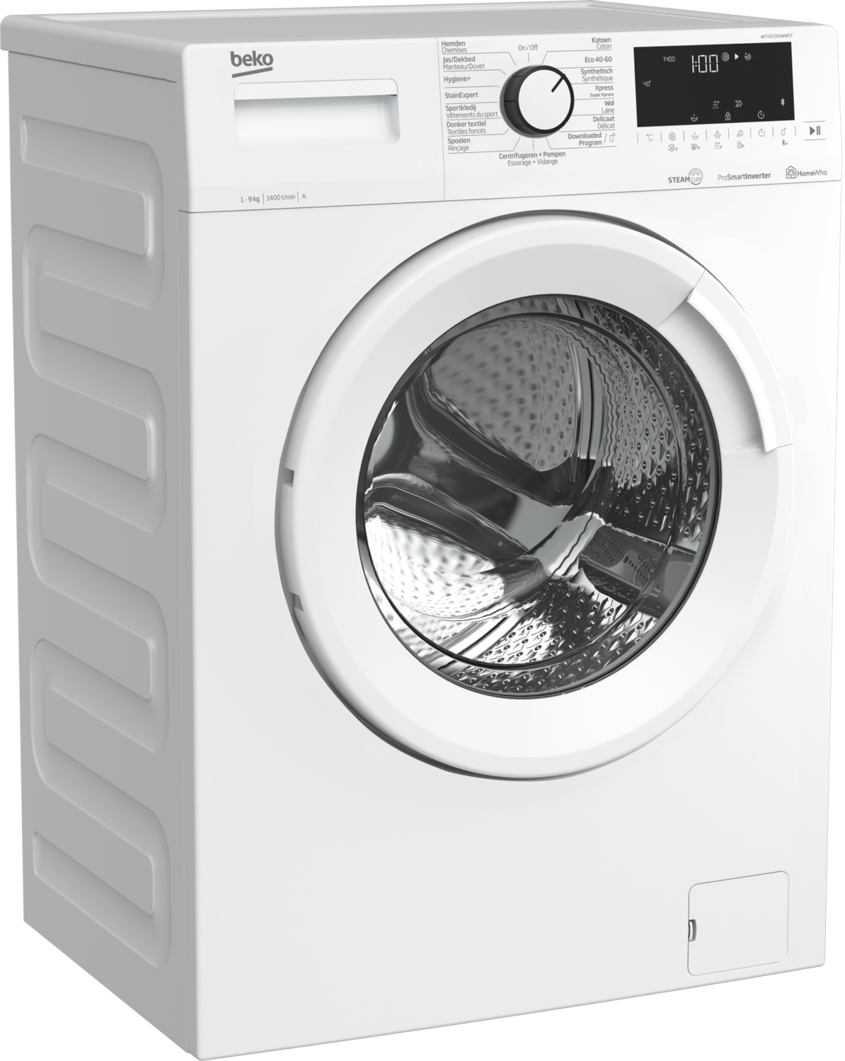 Une vue de face d'un lave-linge Beko avec de nombreux boutons et un écran.