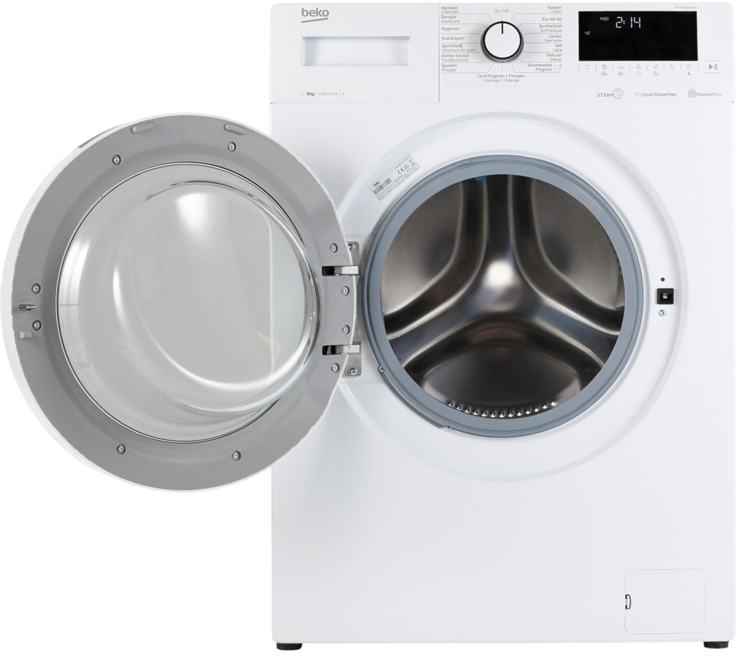 Un lave-linge blanc avec la porte ouverte. L'intérieur est métallique, fond blanc.