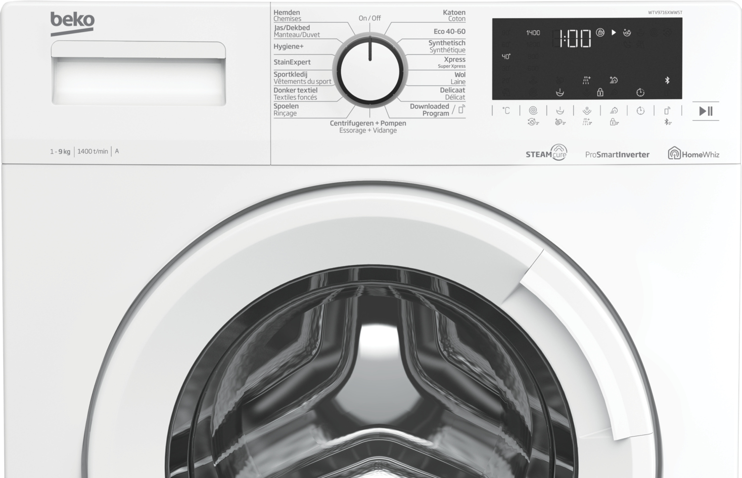 Panneau de contrôle de machine à laver blanc avec écran et boutons.
