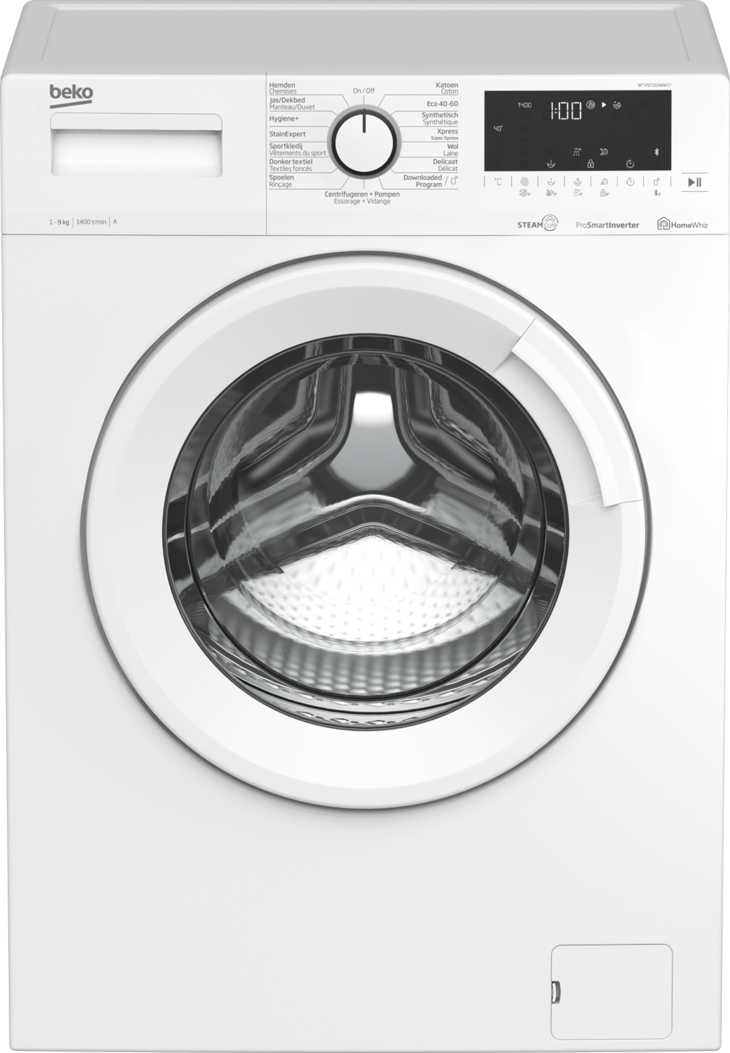 Une machine à laver blanche. Elle a une porte à chargement frontal, des boutons et un écran. Fond blanc.