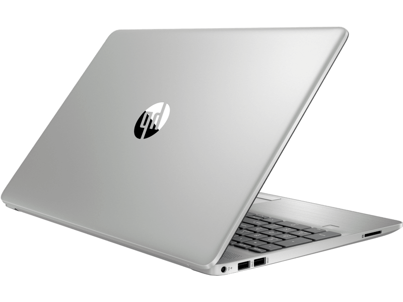 Portátil HP plateado, abierto, con la parte trasera hacia la cámara. Teclado negro y logo HP visibles.