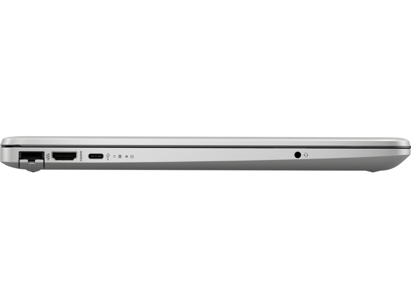 Vista lateral de un portátil plateado. Muestra puertos para USB, HDMI y audio. Fondo negro.