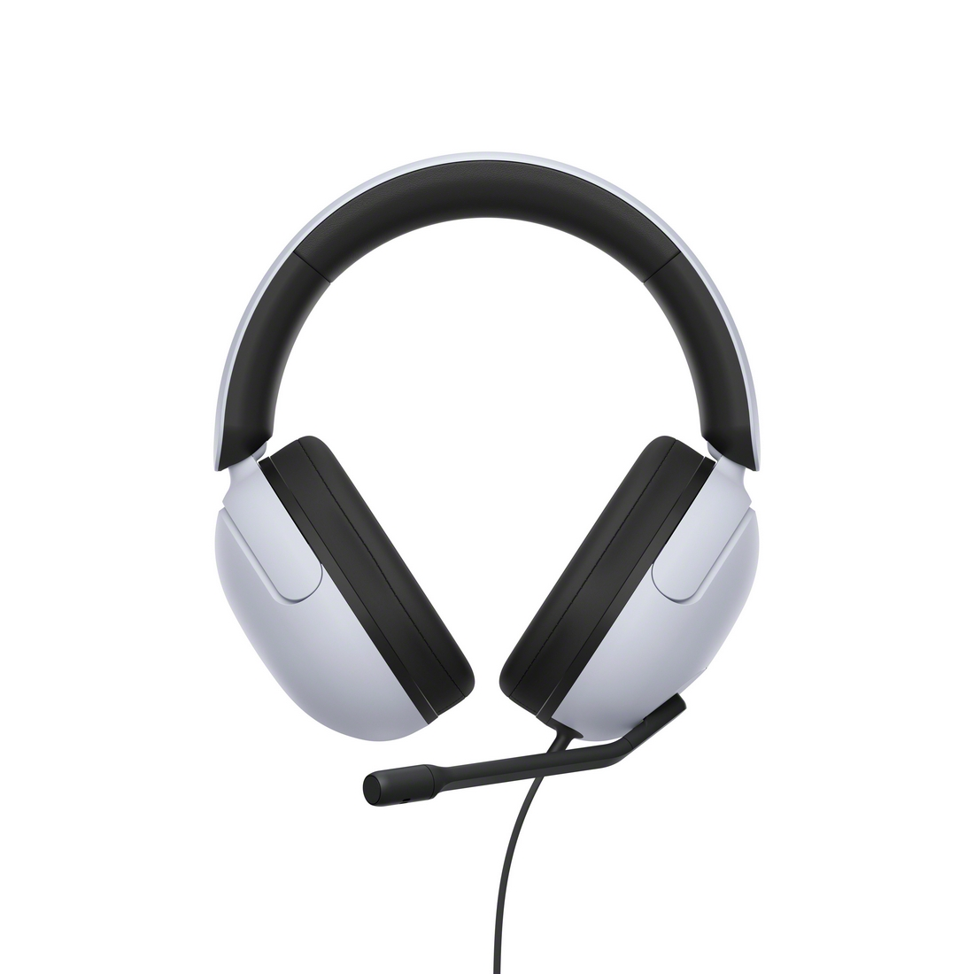 Auriculares para juegos blancos y negros con micrófono, sobre fondo blanco.
