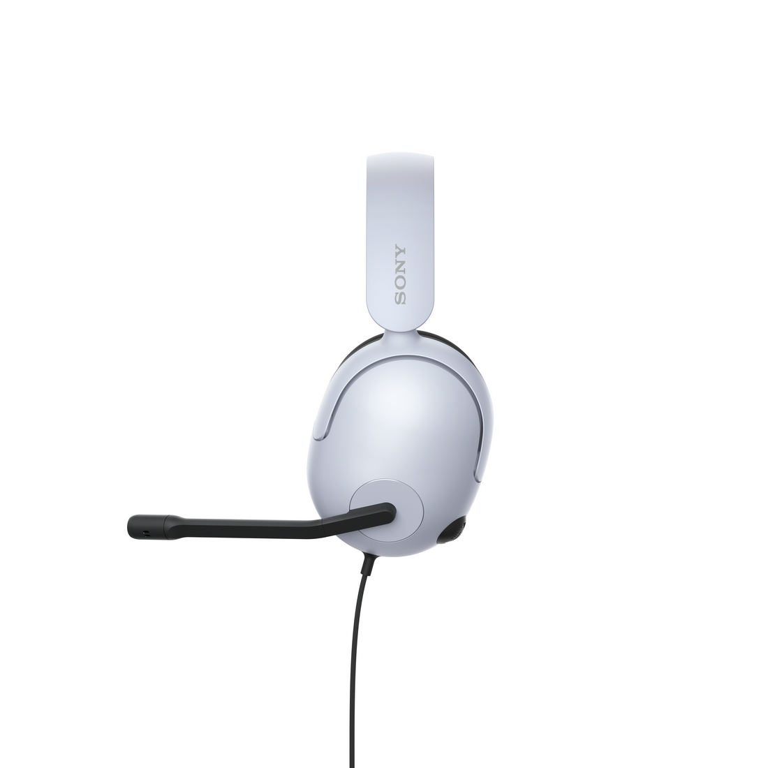 Auriculares Sony blancos con micrófono, cable negro y fondo blanco.