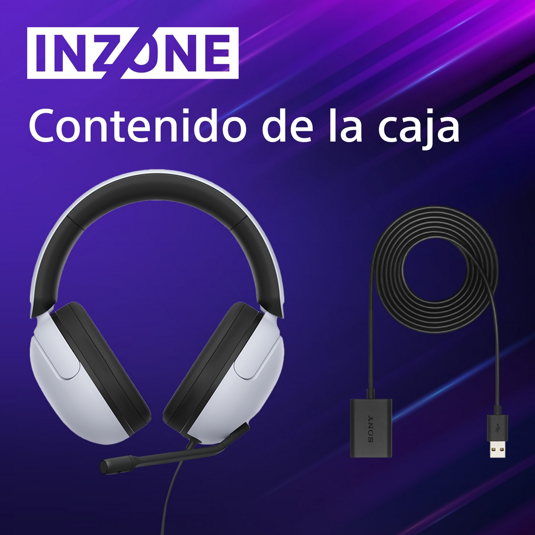 Auriculares gaming blancos y negros con micrófono y adaptador USB.