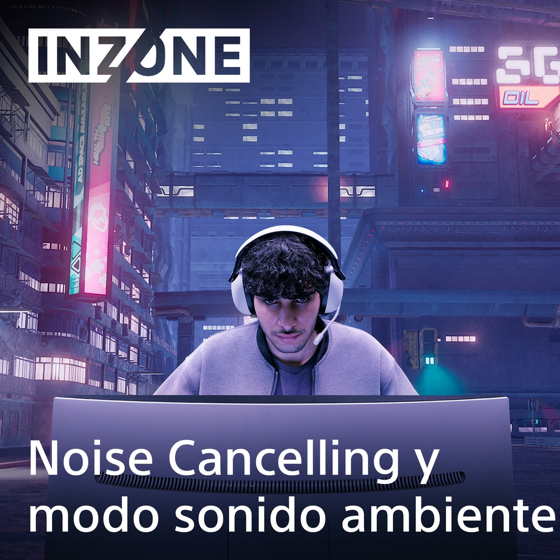 Un hombre con auriculares está frente a un monitor de computadora en un entorno futurista.