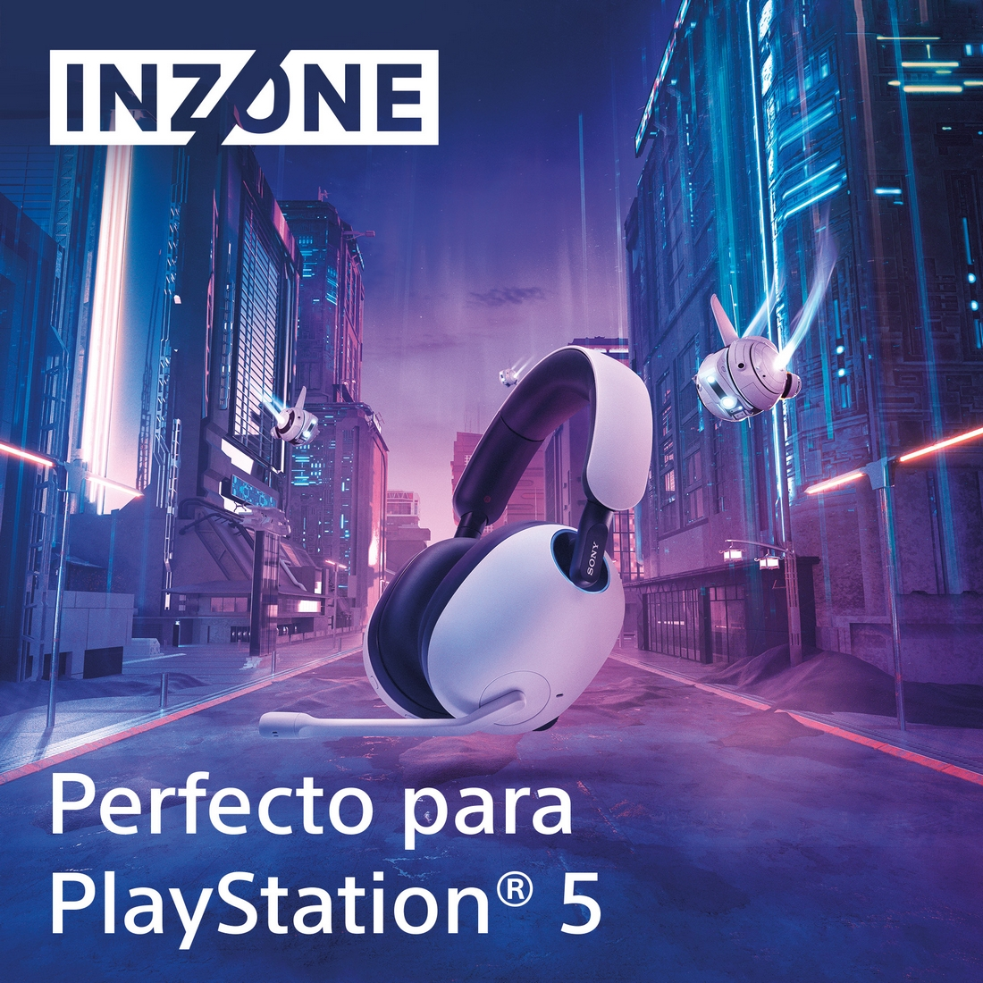 Auriculares en un paisaje urbano futurista con texto.