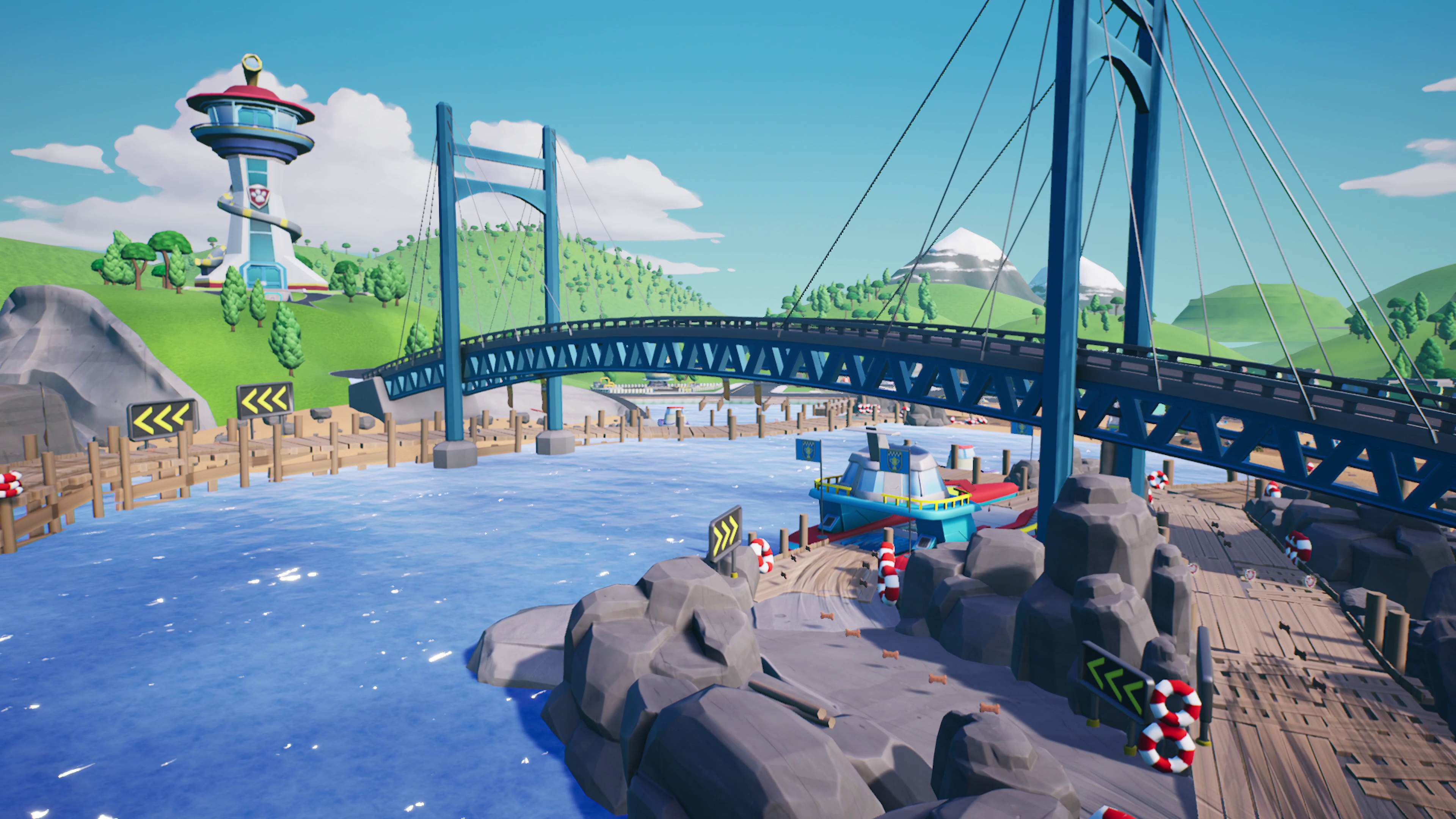 Eine Cartoon-Stadtlandschaft mit Brücke, Pier und Turm. Das Wasser ist blau, der Himmel auch.