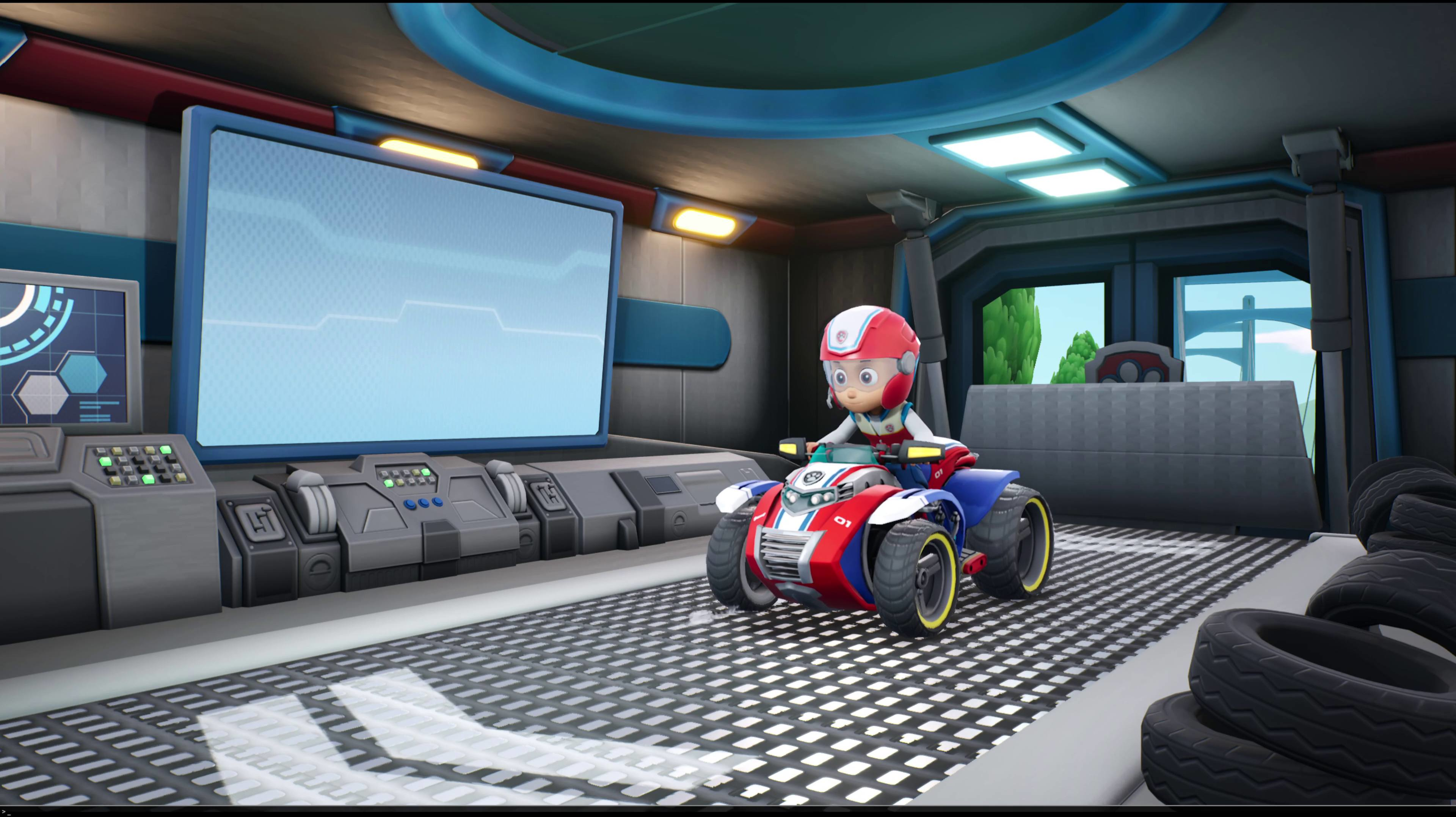 Eine Zeichentrickfigur auf einem rot-blauen ATV in futuristischer Umgebung mit einem großen Bildschirm im Hintergrund.