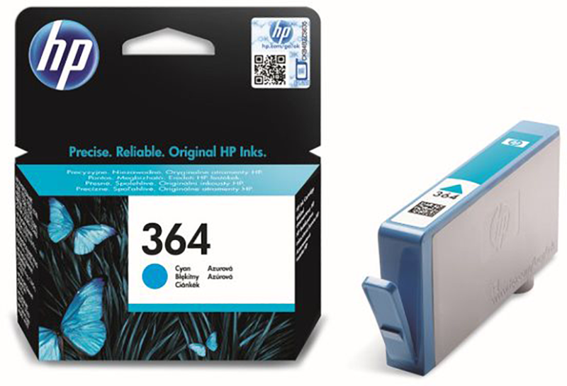 HP 364 tintapatron csomagolása és patron. A patron cián színű.