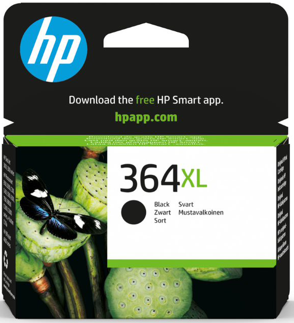 HP 364XL fekete tintapatron csomagolása. Fekete pillangó kép.