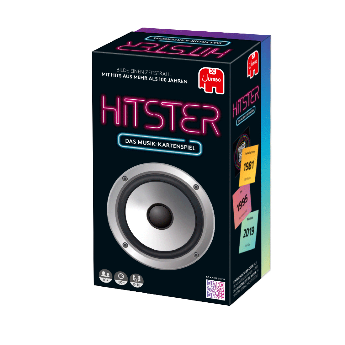 Schachtel für das Hitster-Spiel. Lautsprechergrafik. Text: Das Musik-Kartenspiel. Jumbo-Logo.