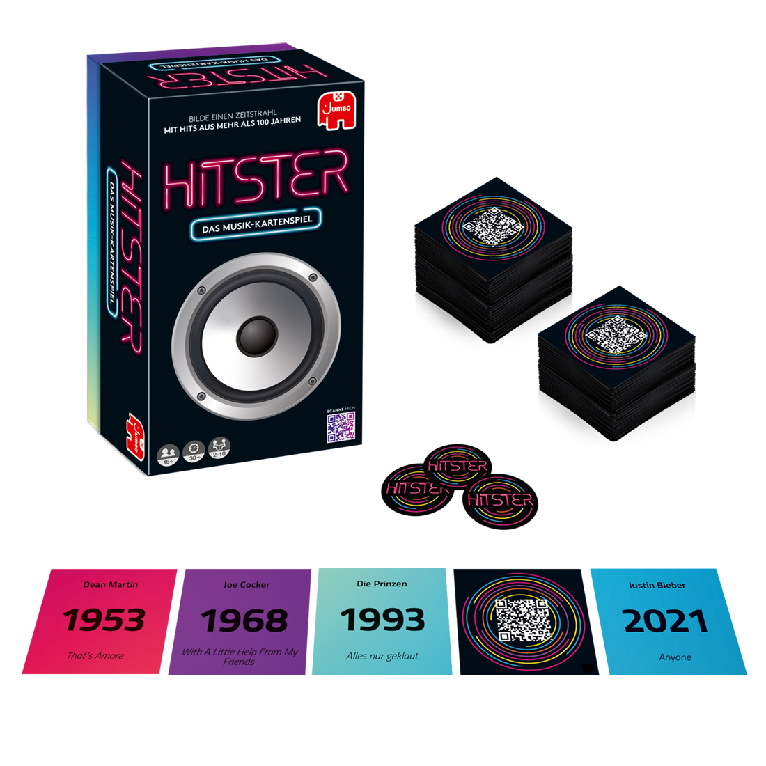 Eine Brettspielbox mit Karten und Spielsteinen sowie Karten mit Jahreszahlen und Musikernamen.