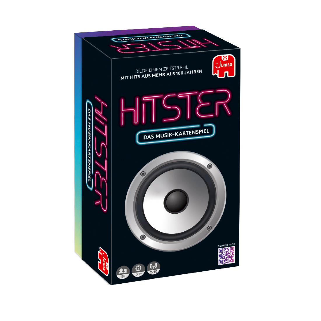 Schachtel des Hitster Musik-Kartenspiels, mit einer Lautsprechergrafik.