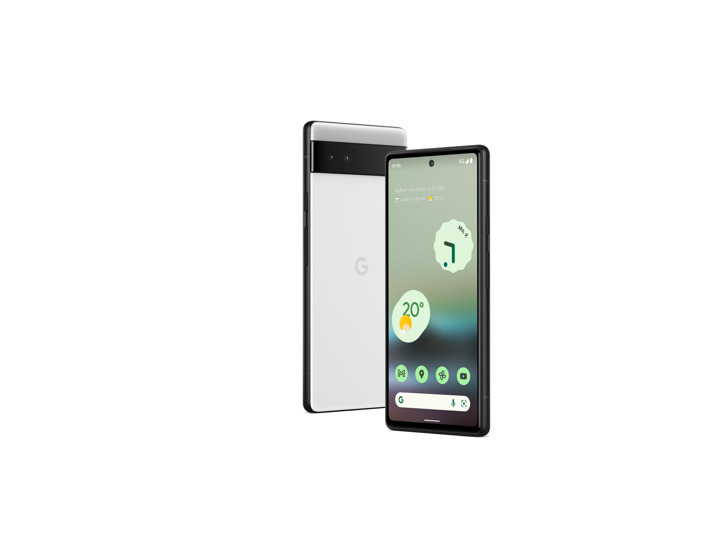 Zwei weiße Pixel-Telefone. Eines zeigt ein farbenfrohes, abstraktes Display mit Symbolen. Weißer Hintergrund.