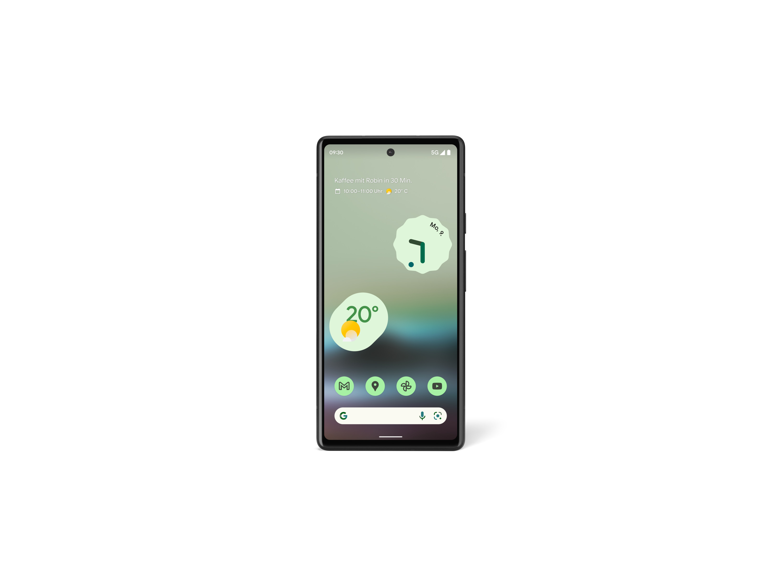 Ein schwarzes Google Pixel-Telefon, das ein Wetter-Widget und Symbole anzeigt.