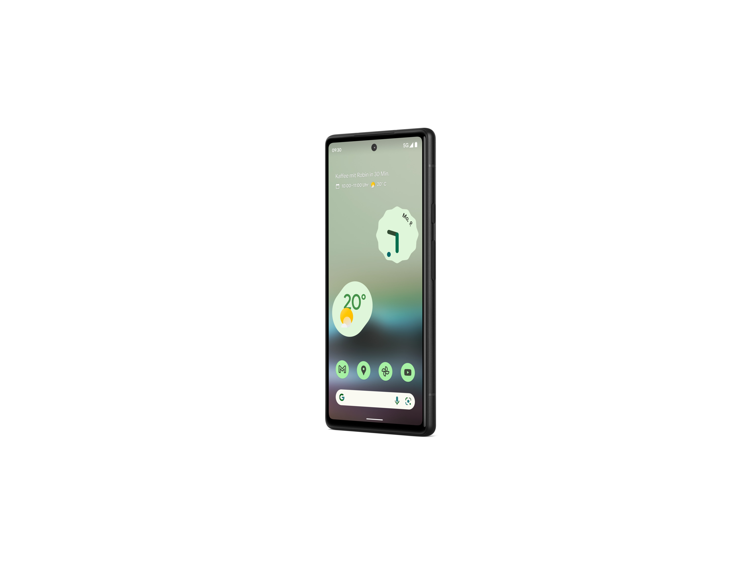 Ein Mobiltelefon, das Wetter und Uhrzeit anzeigt. Es hat eine grüne und violette Oberfläche. Isoliert auf Weiß.