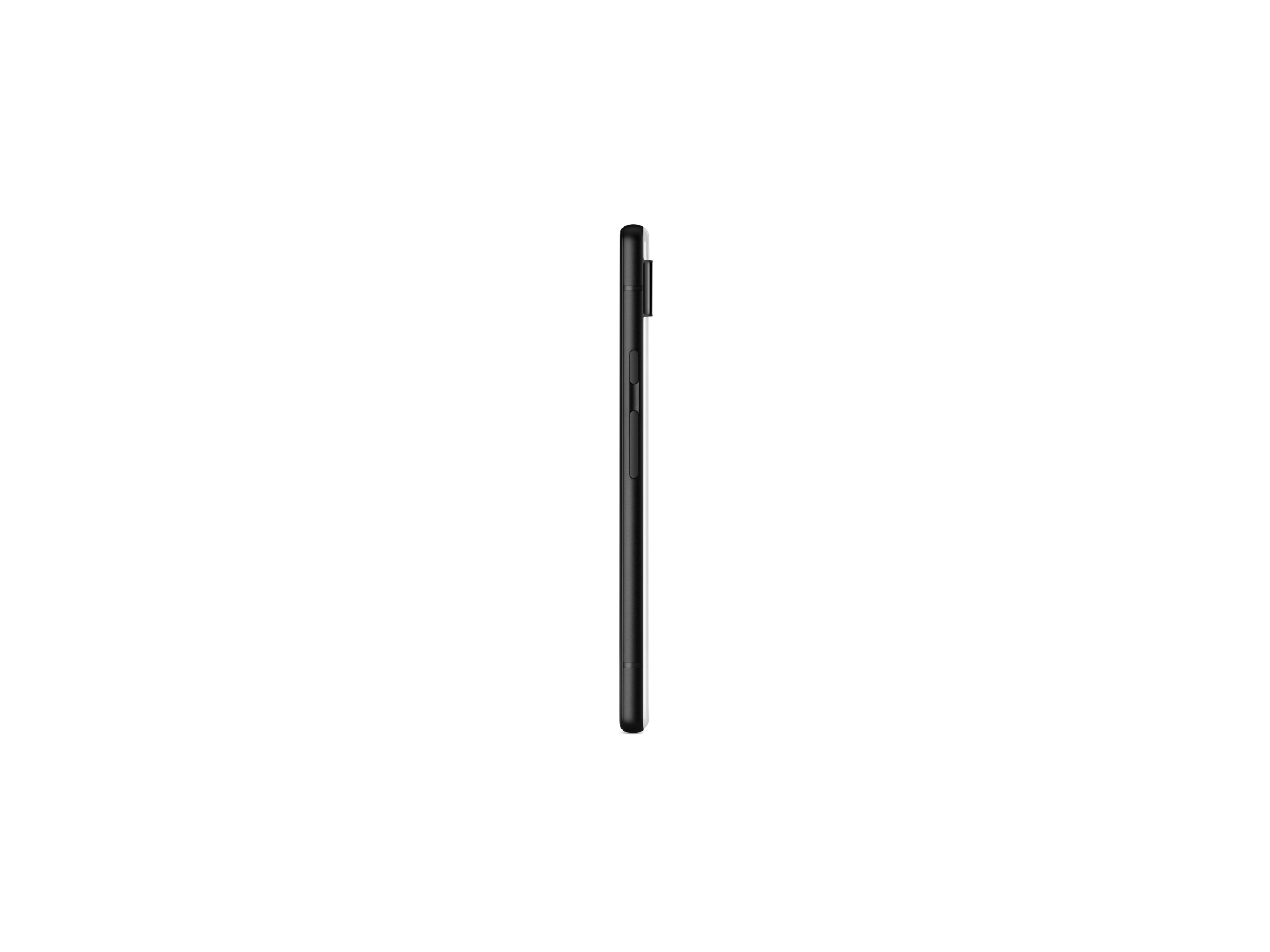 Seitenansicht eines schwarzen Smartphones. Weißer Hintergrund.