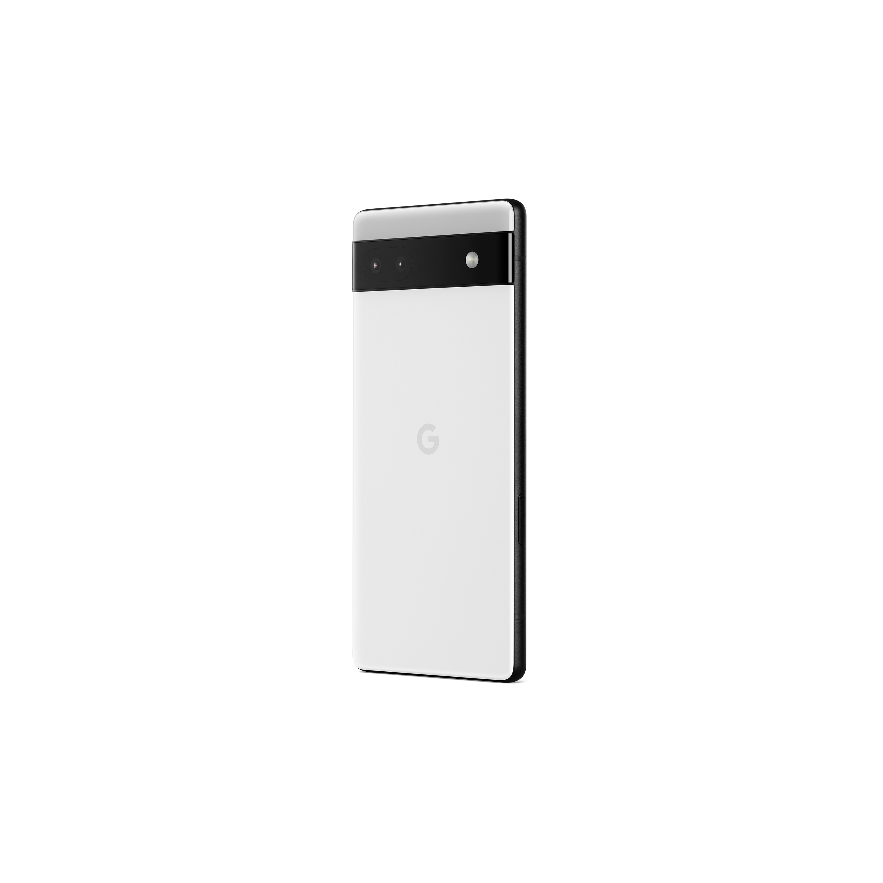 Rückseite eines weißen Google Pixel-Telefons mit schwarzer Kameraleiste und Google-Logo.