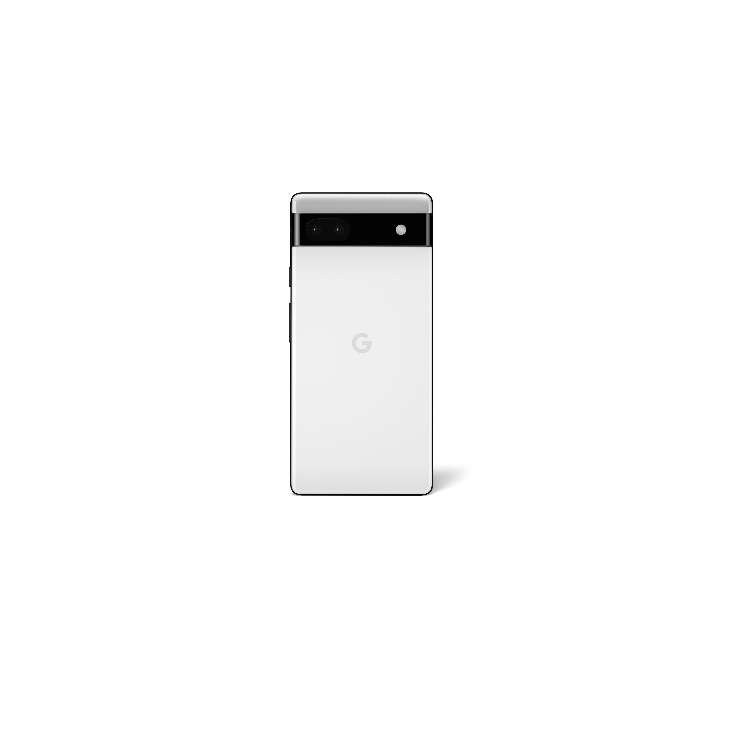 Rückseite eines weißen Google Pixel 6a Telefons mit schwarzem Kamerabalken.